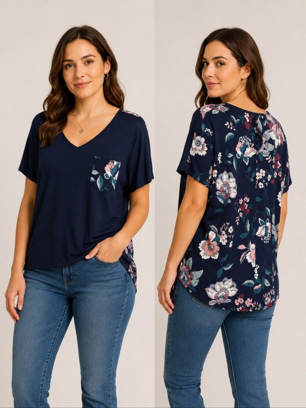 Liz Claiborne Navy Floral Pajama Or Casual Cotton Spandex Blend Top Sz Lg
